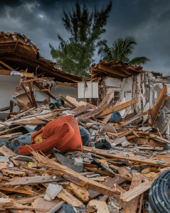 Person wearing an orange shirt sifting through debris from a severely damaged building, surrounded by broken wood, concrete, and other rubble, with stormy skies and palm trees in the background, indicating a post-disaster recovery scene.